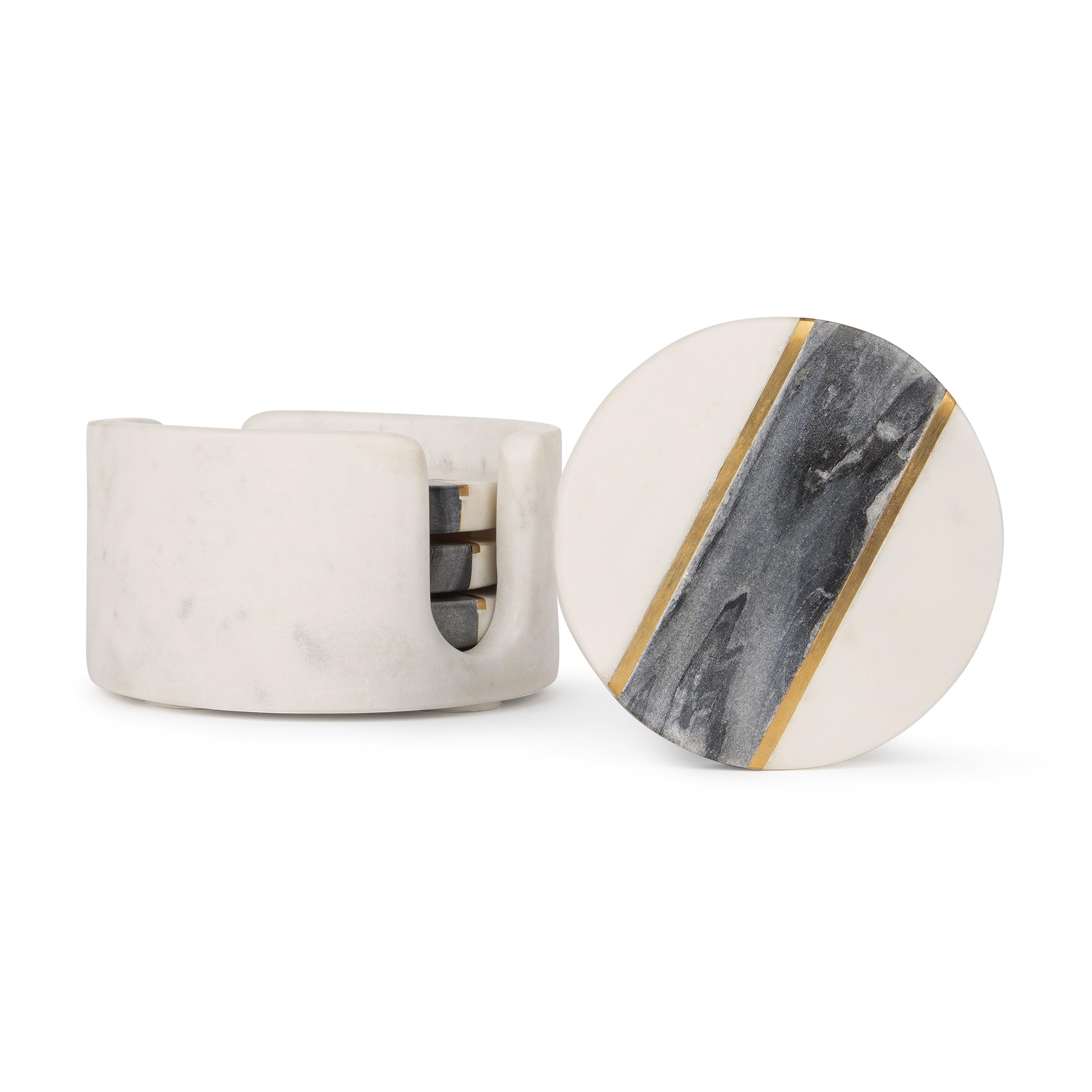 DREAMY WALLS Marble Coasters Set of 4 with Holder, Thick Brass Inlay, Dining Table Coasters for Hot Pots Tea & Coffee Mugs Table Coasters Decorative Items for Home Decor