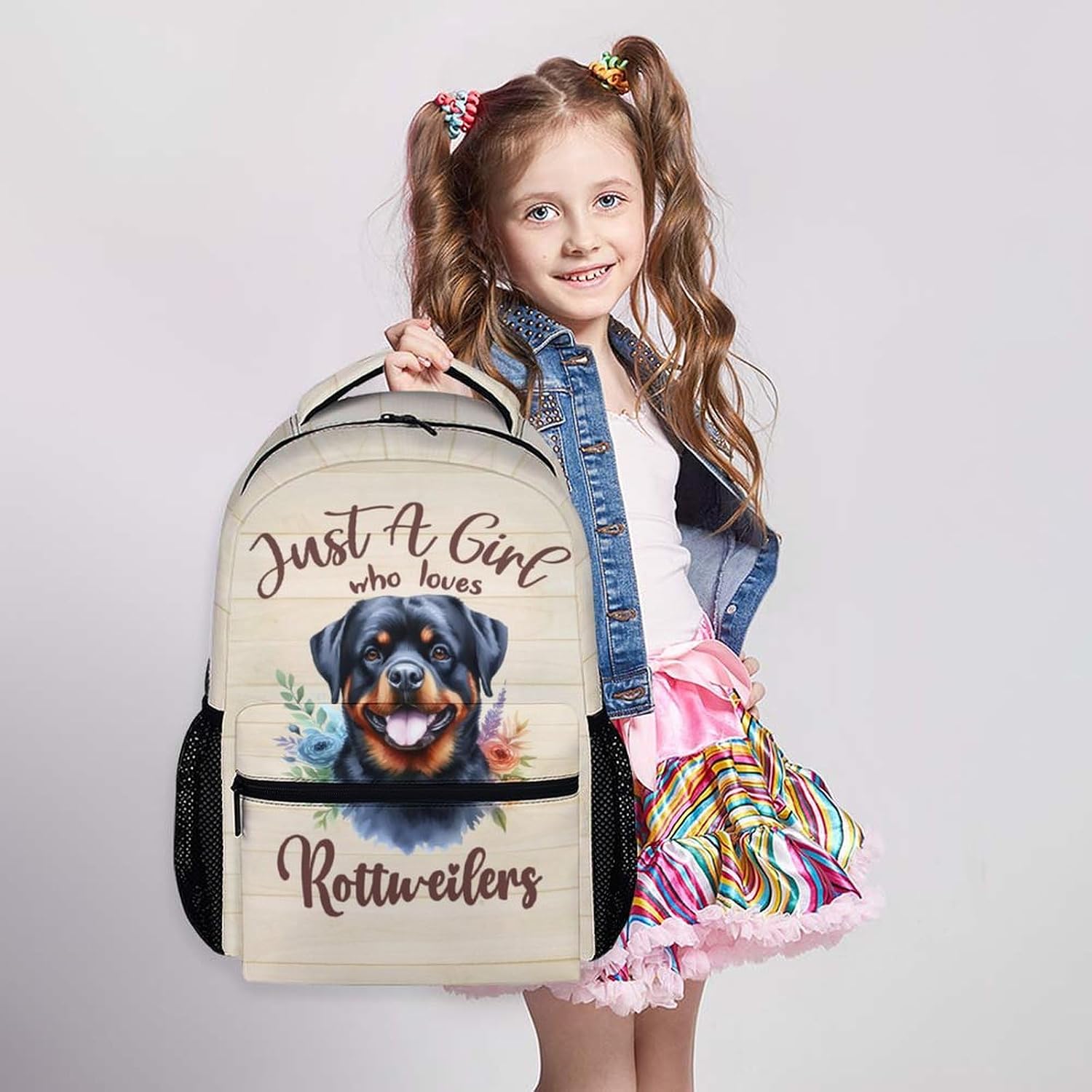 Backpack for Dog Lovers - Cute Rottweiler Theme Backpacks for Girls Women - Cartoon 17" Dog Print Bookbag for School - Beige Large Lightweight Daypack for Travel