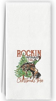 Western Christmas Kitchen Towels - Retro Christmas Western Decor, Cowgirls Gifts, Rockin Around The Christmas Tree Dish Towels for Kitchen Bathroom, 16x24 Inch