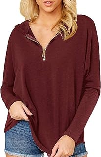 Silunma2021 Women's Loose Pullover Casual Long Sleeves Zipper Stretchy Soft Top Solid Color Hooded Comfort T-Shirts