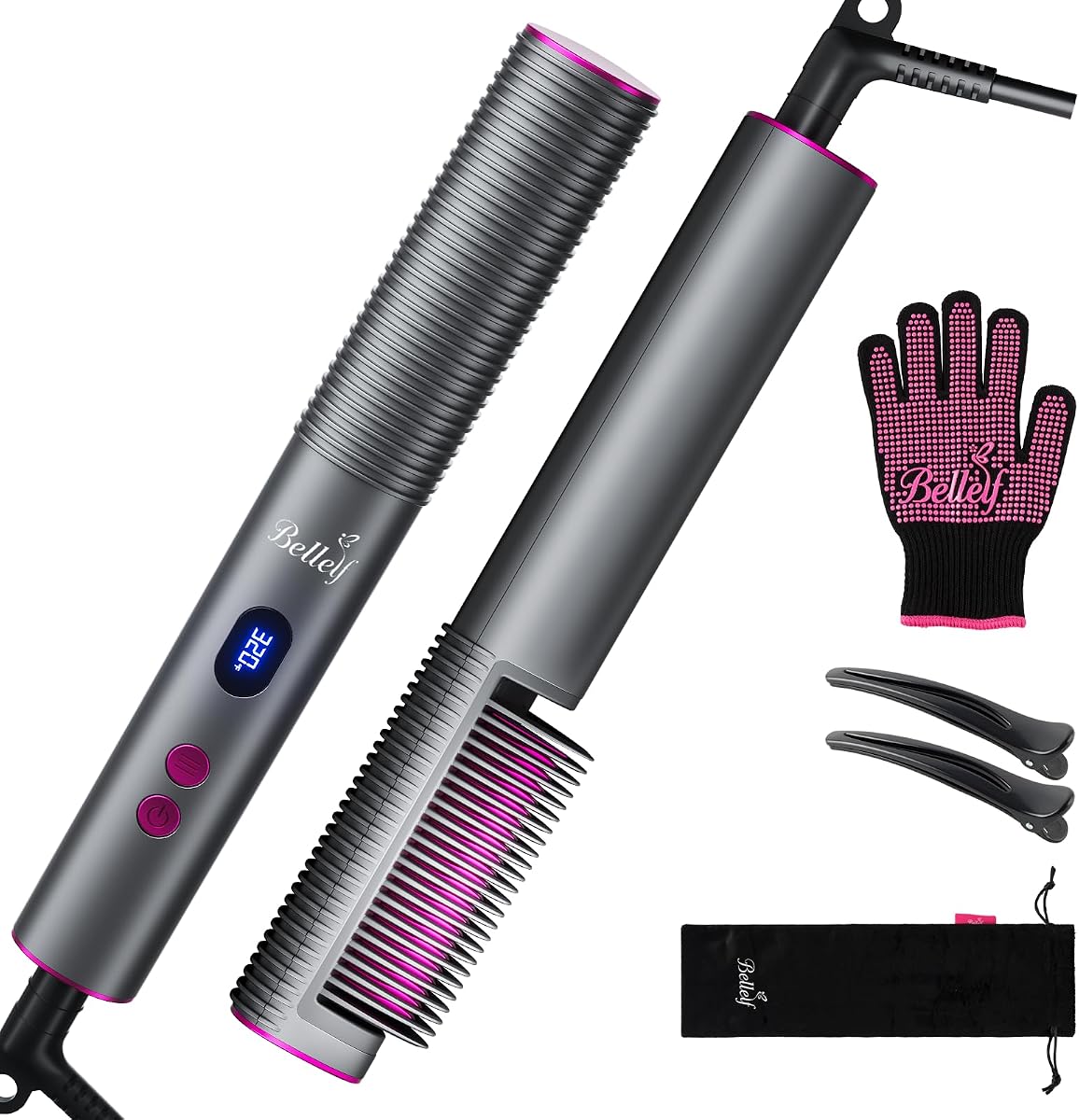 Hair Straightener Brush, Dual Voltage Portable Travel Hot Comb | 9 Temp Settings with LED Display, 30s Fast Heating for Sleek & Smooth Hair, 3D Brush Teeth, Hair Styling Tool for Women