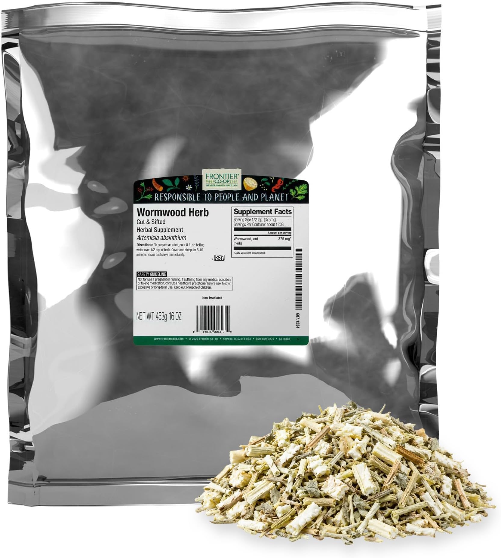 Frontier Co-op Wormwood Herb Bulk Bag, Cut & Sifted, Wormwood Tea and Herbal Uses, Kosher | 16 Ounce (Pack of 1)