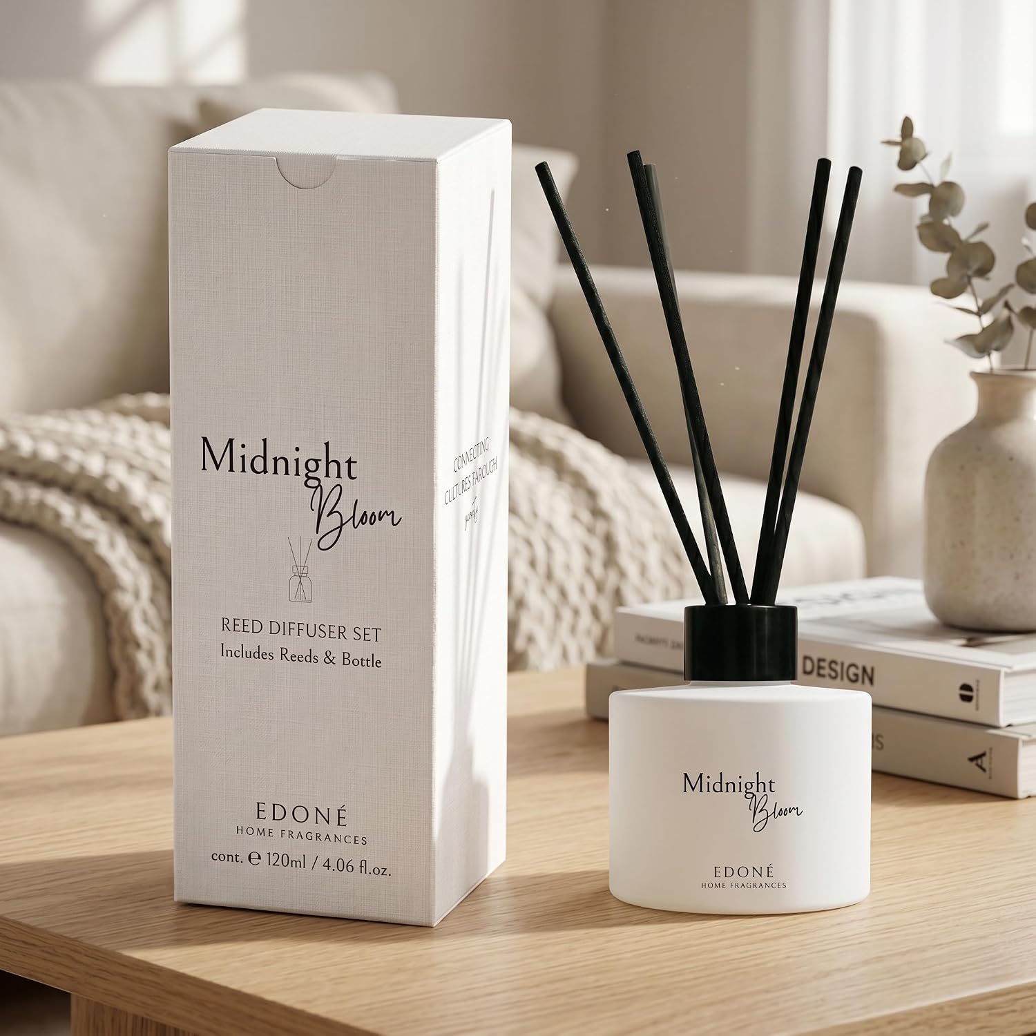 Midnight Bloom Reed Diffuser Set, Myrrh & Oud 120 ml (4 fl oz) with 6 Reeds, Designed in Rome, Long Lasting Flameless Home Fragrance, Italian & Indian Inspired