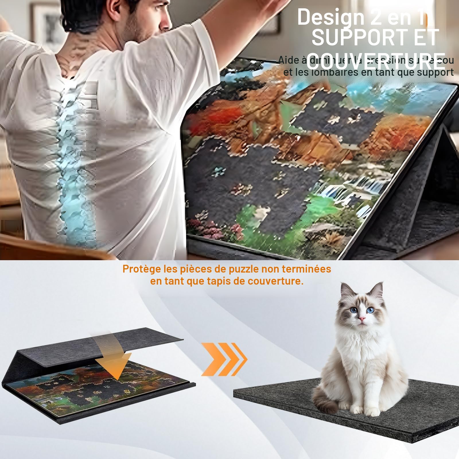 Plateau de Puzzle Pliable 1000 Pièces avec 6 Bols de Tri Colorés, Couverture 2-en-1 et Support de Puzzle