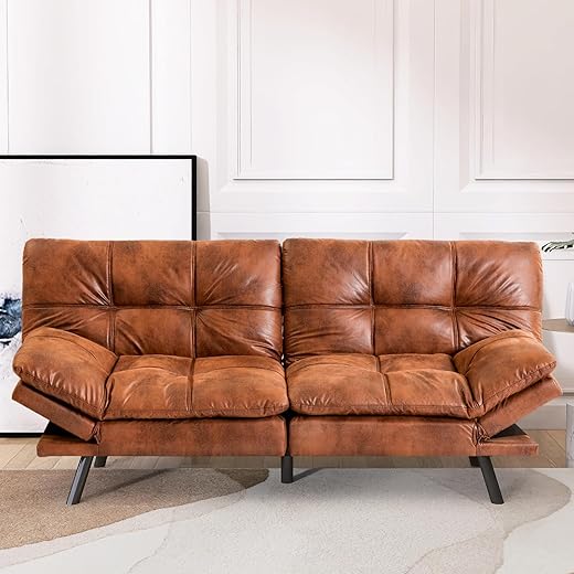 Hcore Convertible Futon Sofa Couch,3” Memory Foam Splitback Sofa,Brown Faux Leather Memory Foam Loveseat,Small Euro Lounger Sofa for Compact Living Spaces,Apartment,Studio,Office/Cushion Thickening