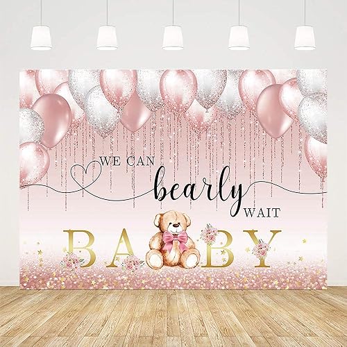 Miniatura 2 de Telón de fondo para baby shower de oso de 7 x 5 pies para niña, We Can Bearly Wait to Meet You con globos rosados, flores de oro rosa con purpurina