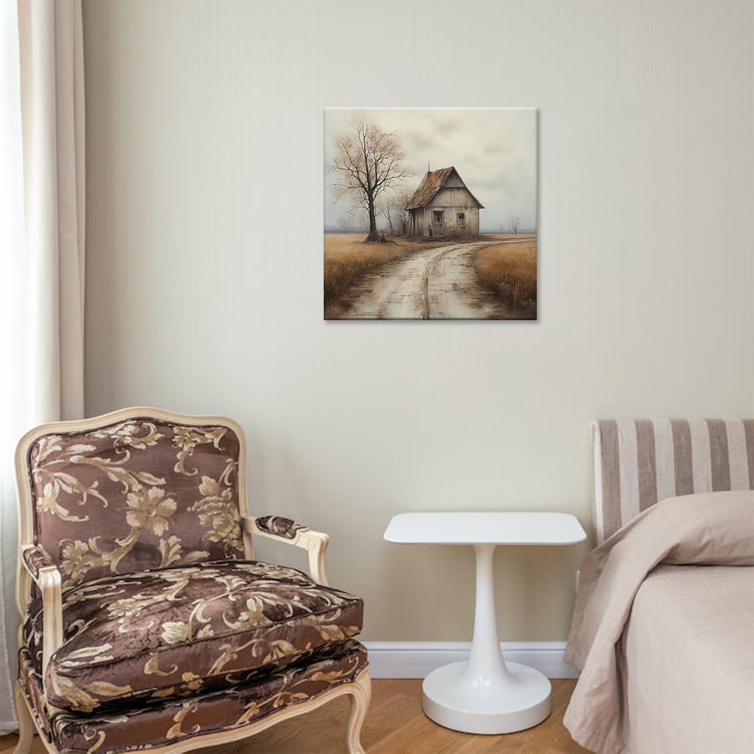 MODOJOART Farmhouse Canvas Wall Art, Outskirt Road Barn Trees Poster Painting Countryside Landscape Picture Print for Bedroom Dining Room Decor(Artwork-02, 12"x12")
