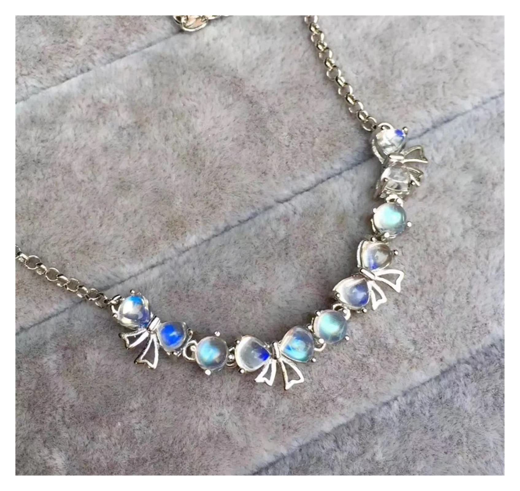 CNCNSH Pietra di Luna Naturale Azzurra Pietra preziosa Naturale Adorabile Fiocco con Nodo 925 Regalo per Feste per Donne e Ragazze