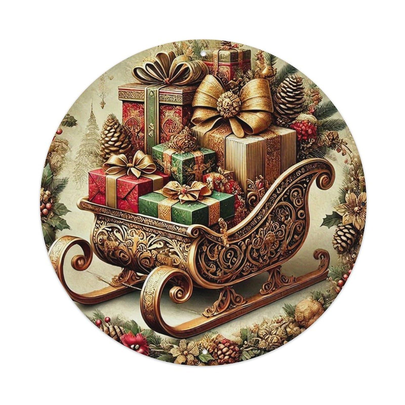 Ornate Golden Sleigh With Gifts Tin Sign Metal Poster Vintage Metal Signs for Home Man Cave Bar Cafe Kitchen laundry room Wall Decorations 8x8 inches