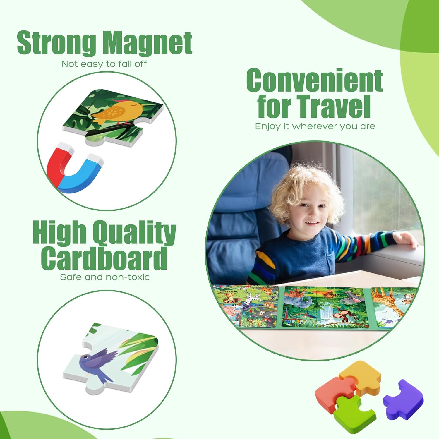 Magnetic Puzzles for Toddlers 3-5, 75-Pieces Travel Toys, Animal Jungle Puzzles Ages 4-6, Educational Learning Magnets, Road Car Trip & Airplane Activities Toys for 3 4 5 6 7 Girls Boys Gift