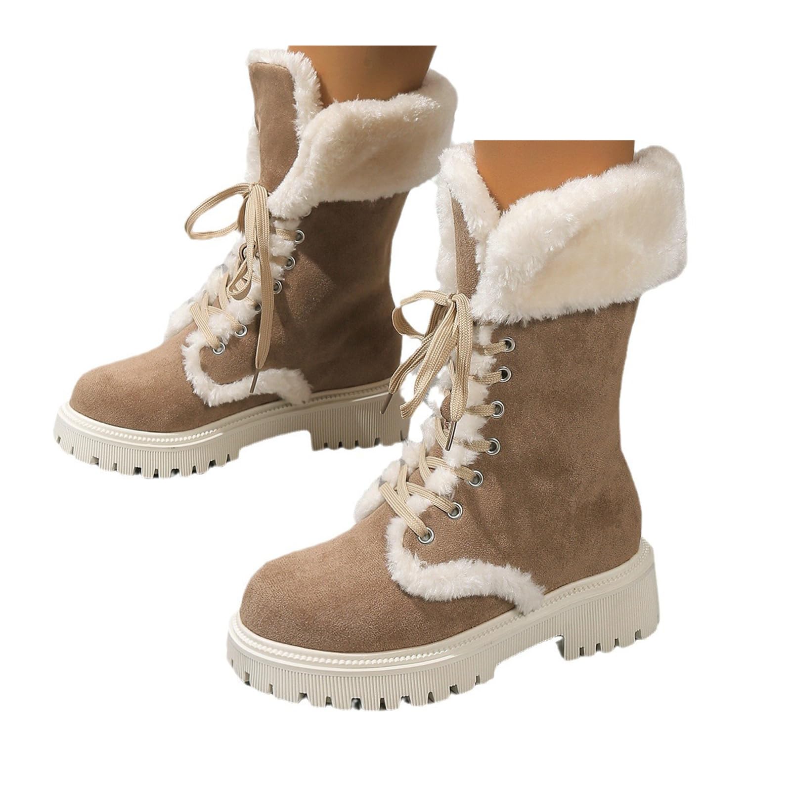 Lace Up Winter Boots for Women Faux Fur Lined Warm Snow Boots Ladies Mid Calf Walking Suede Booties