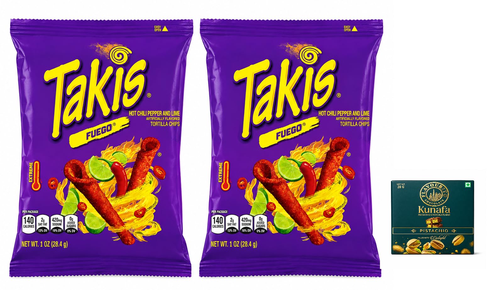 Takiss Fuego Hot Chilli Pepper and Lime Tortilla Chips,28.4g Each | PACK OF 2 | Get Free Kunafa Pistachio Chocolate Bar, 20g By Decadent Foods-(Imported-UAE)-image-35