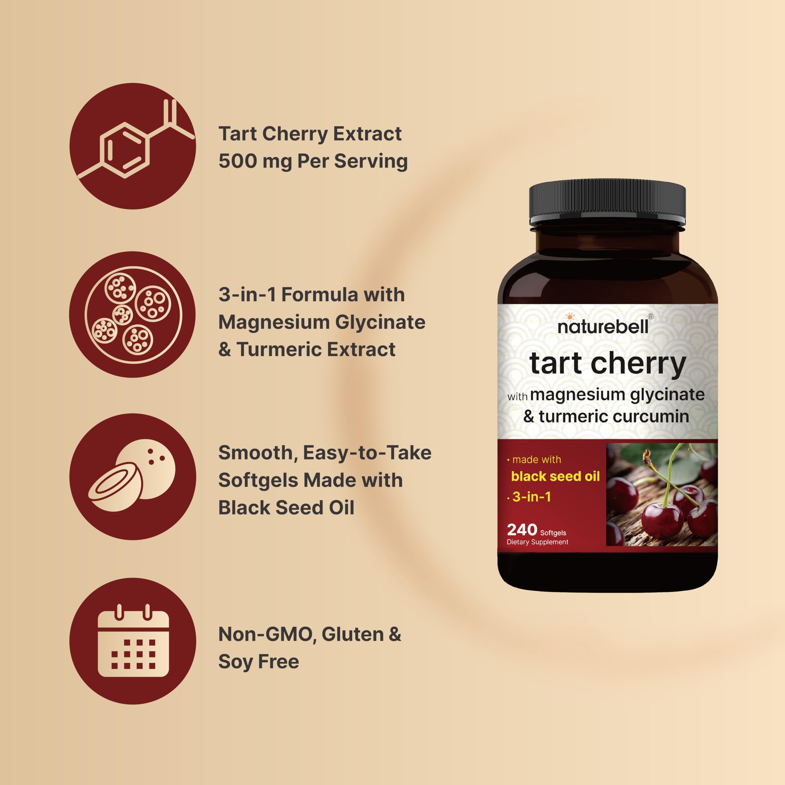 Tart Cherry with Magnesium Glycinate and Turmeric Extract, 240 Softgels — Amazon image 3