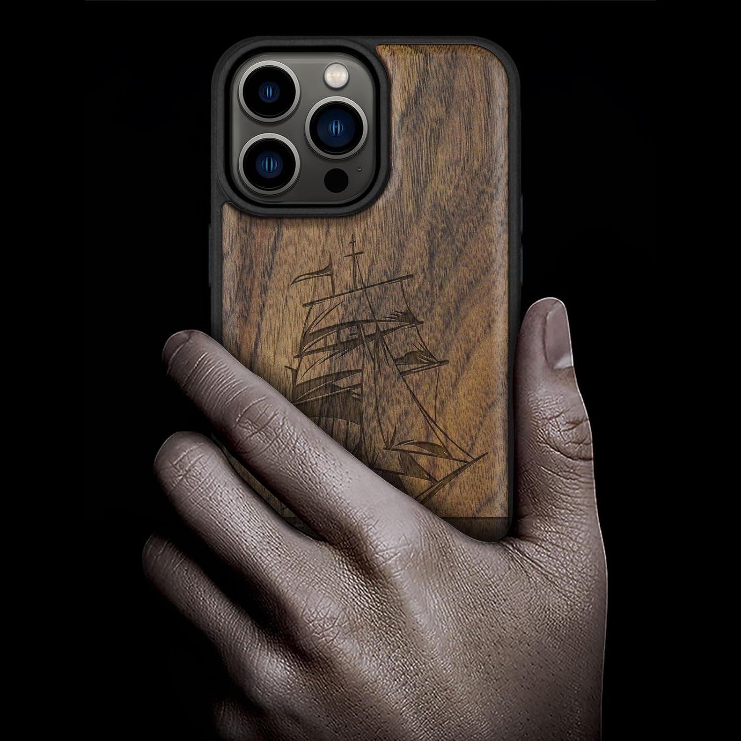 Carveit Magnetic Wood Case for iPhone 14 Pro Max [Natural Wood & Black Soft TPU] Unique & Classy Wooden Shockproof Protective Cover Compatible with magsafe (Sailing Spirit -Walnut)