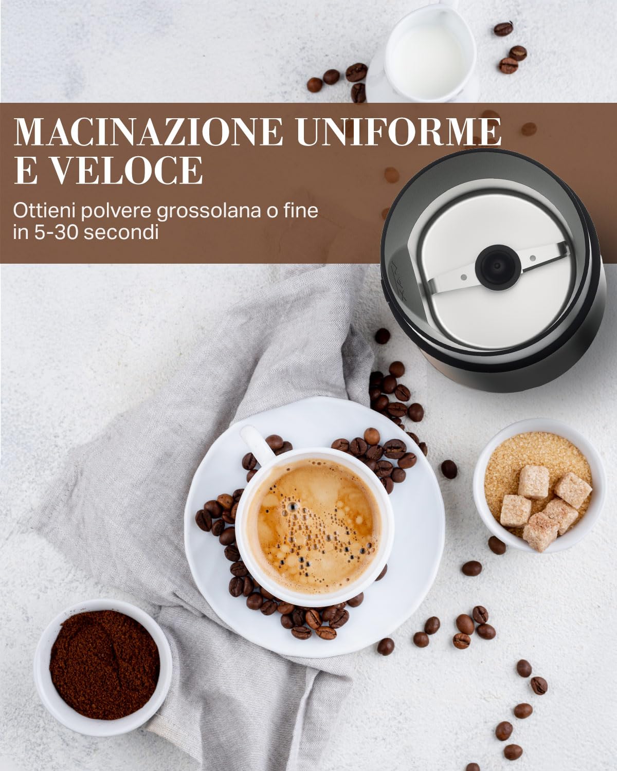 Maxesla Macina Caffè, Macinacaffè Elettrico, Macinatore di Spezie Silenzioso, Mulino da Caffè One Touch, Utilizzato per Fagioli, Spezie con Spazzola Pulita, Acciaio Inossidabile, HB-180-IT