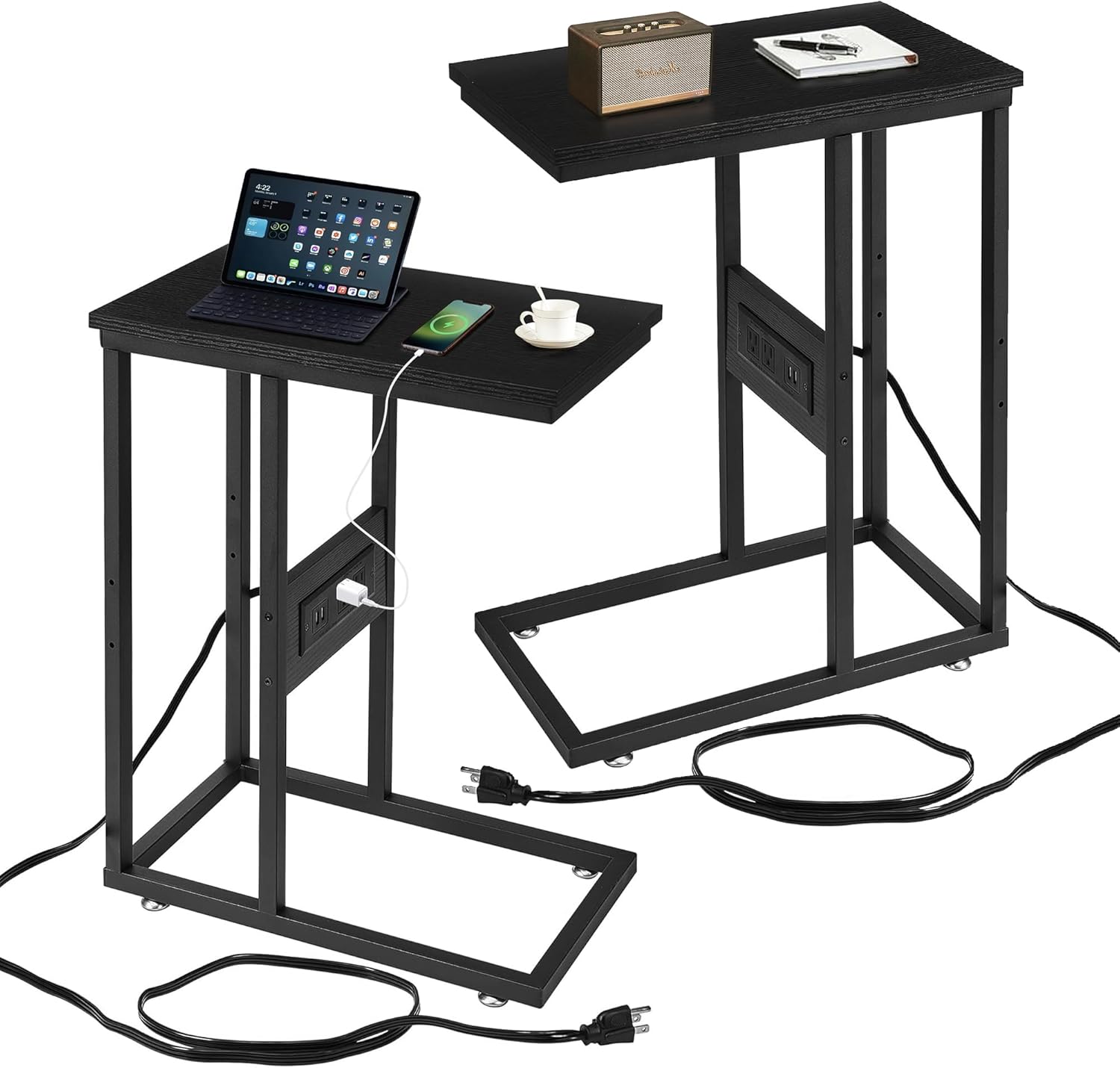 VECELO C-Shaped End Side Table Set of 2, with Charging Station & Two USB Ports and Outlets for Living Room, Bedroom, with Adjustable Feet for Couch/Sofa, Bedside, Small Spaces， Black