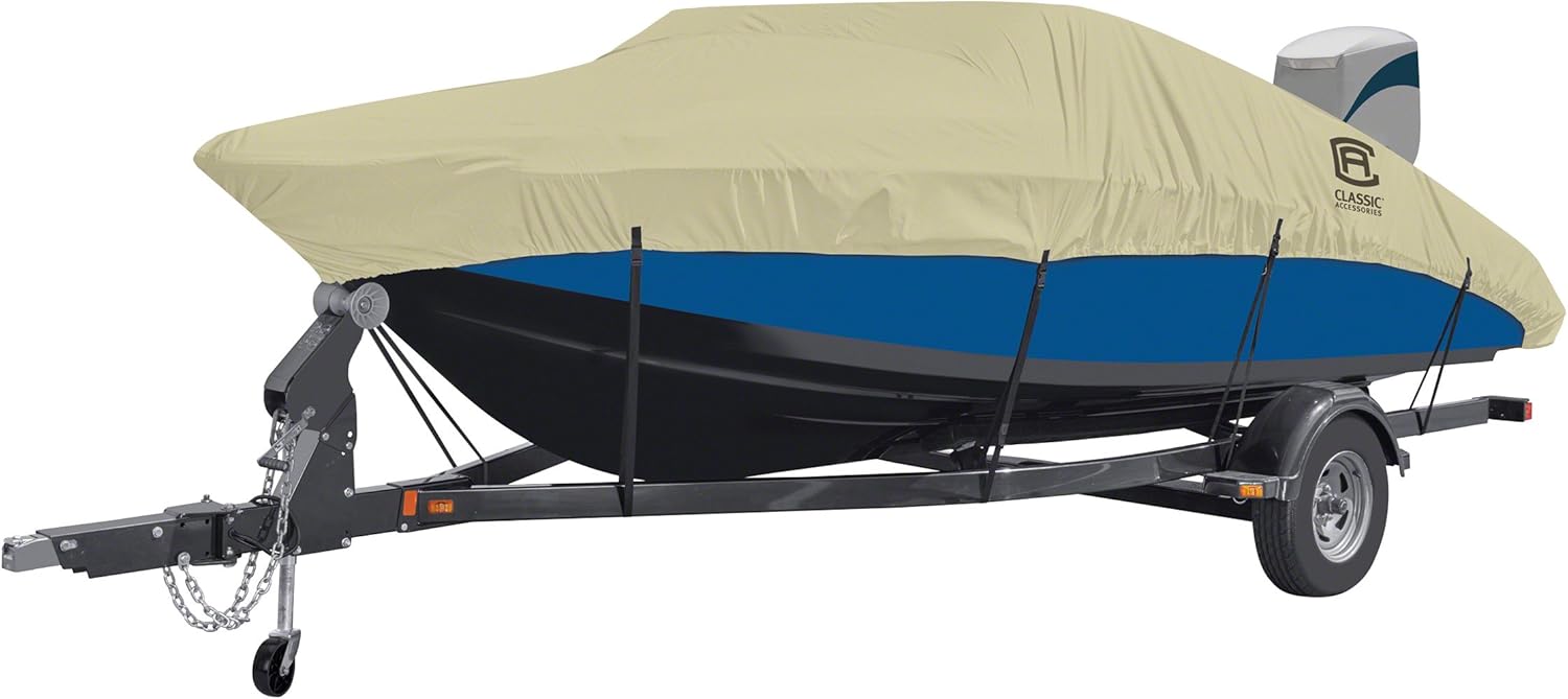 Classic Accessories DryGuard Waterproof Boat Cover, Fits Boats 20' - 22' L x 106" W, Trailerable Boat Cover with Bow, Windshield and Stern Reinforcement Panels, Model E