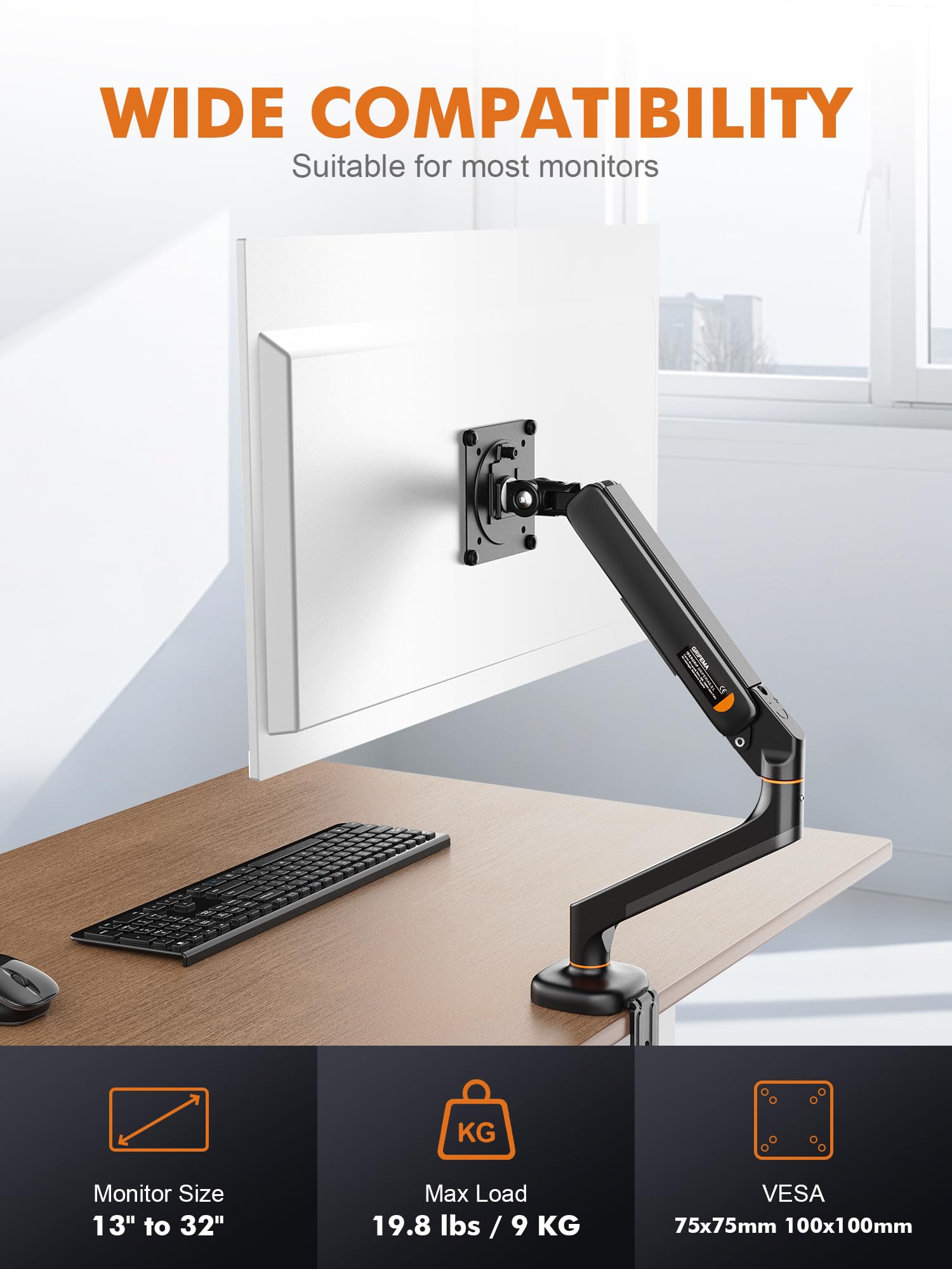 Ibergrif Soporte de Monitor Escritorio para Pantallas de 13-32 Pulgadas, Brazo de Monitor Ajustable en Altura con Muelle de Gas, Inclinación, Giratorio, Rotar, Gestión de Cables, VESA 75/100mm -Negro