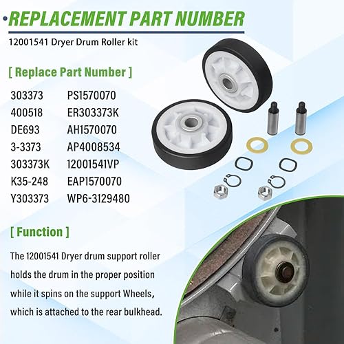 Miniatura 3 de Kit de reparación de secadora de repuesto para piezas de secador - 12001541 303373K Kit de rodillos de tambor para secadora, kit de rodamientos de