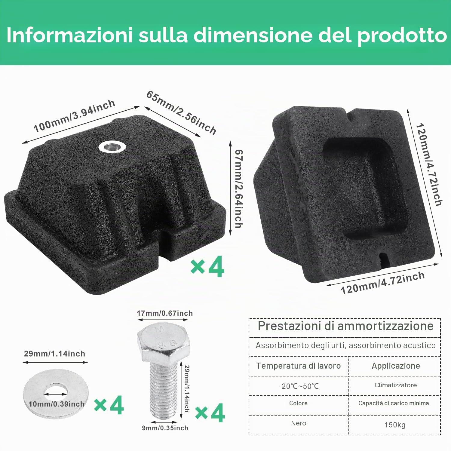 Set di Basi Ammortizzanti per Pavimento 4Piece Base Ammortizzante per Condizionatore 120 x 120 x 65 mm per Unità Esterne Pesanti Kg.150