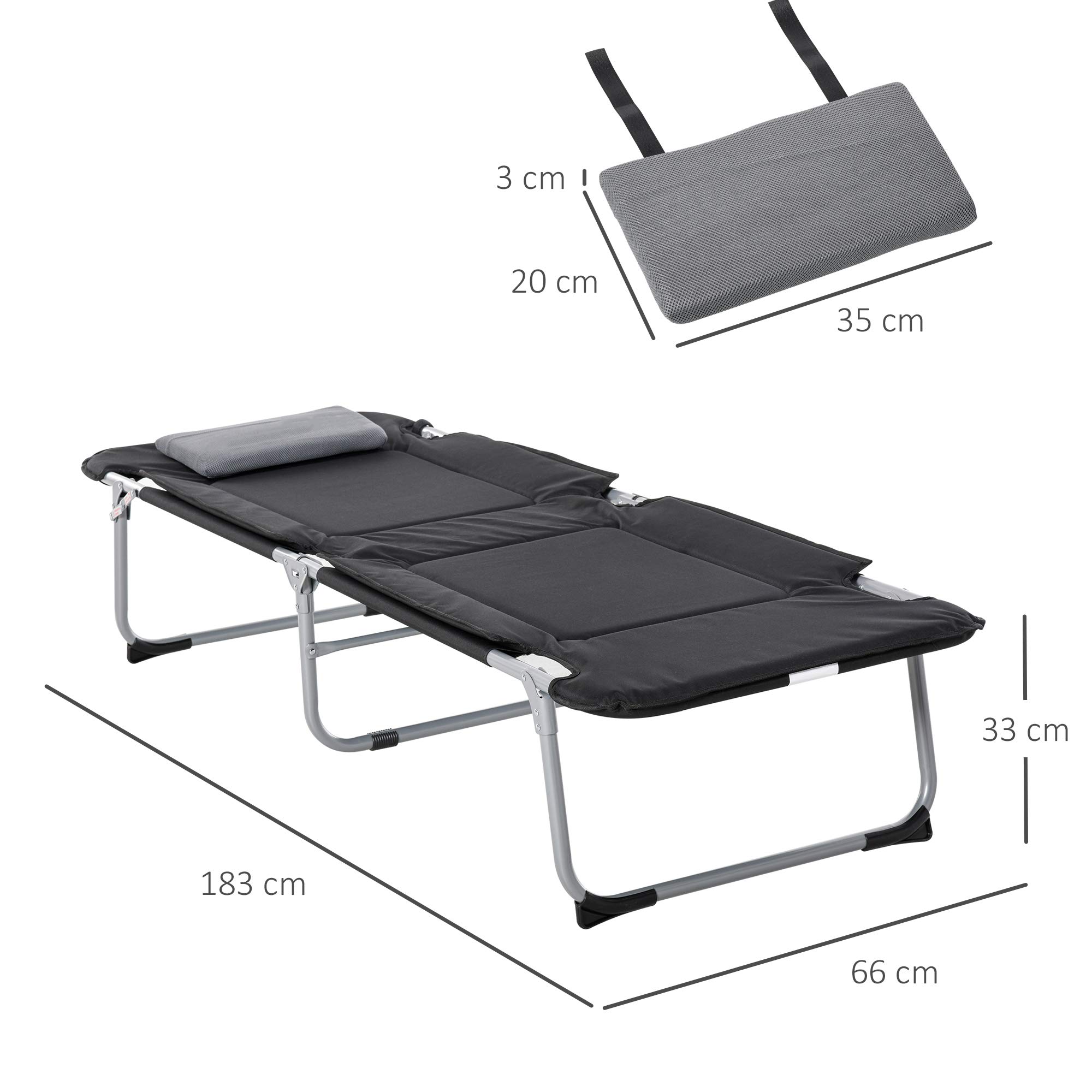 Outsunny Lit de Camping Pliable pour Adultes, lit de Camp Portable avec Rembourrage en Mousse et Oreiller Amovible, 183 x 66 x 33 cm, Noir