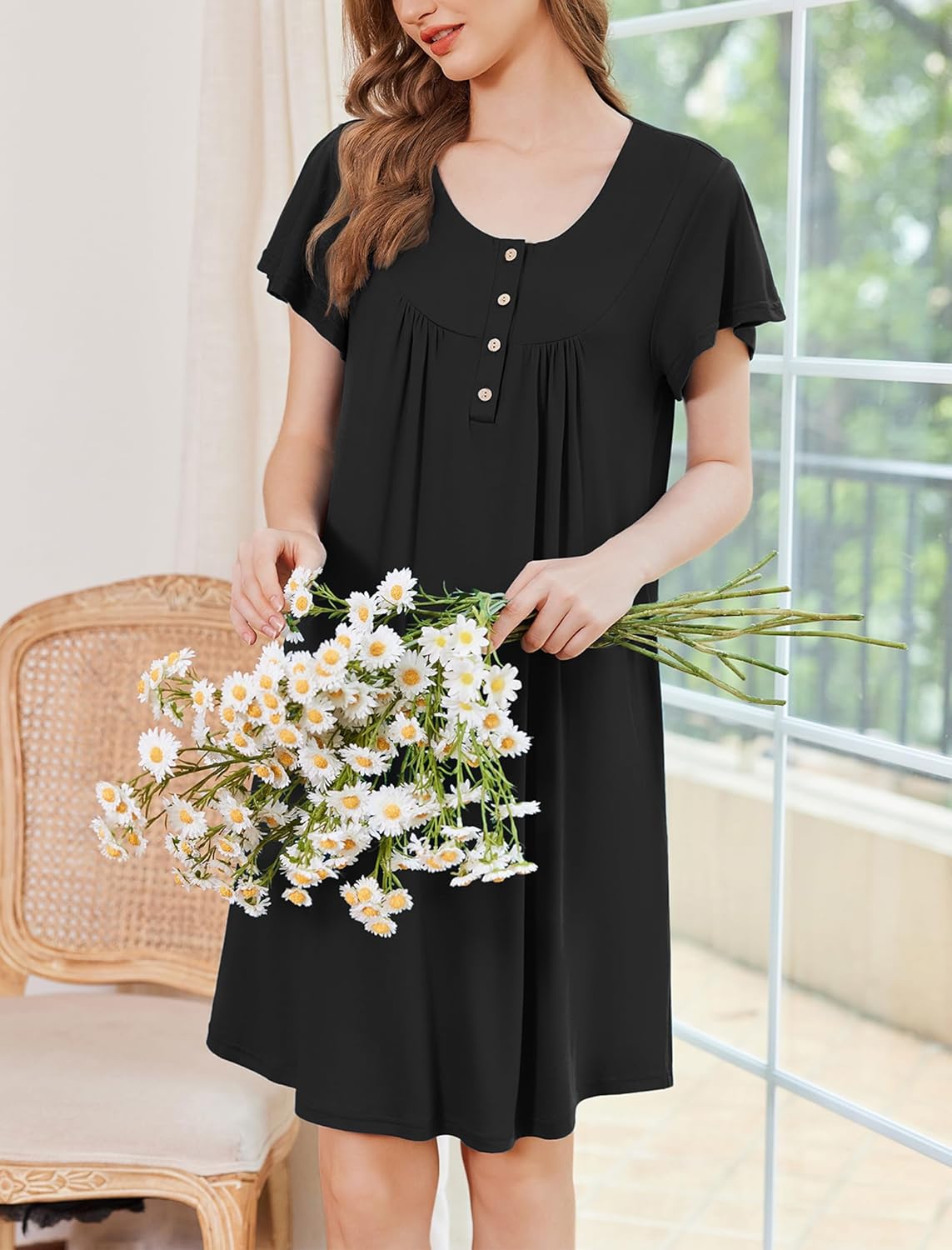 Ekouaer Nightgowns for Women Short Sleeve House Dress with Pockets Floral Print Mumu Dress - Image 4