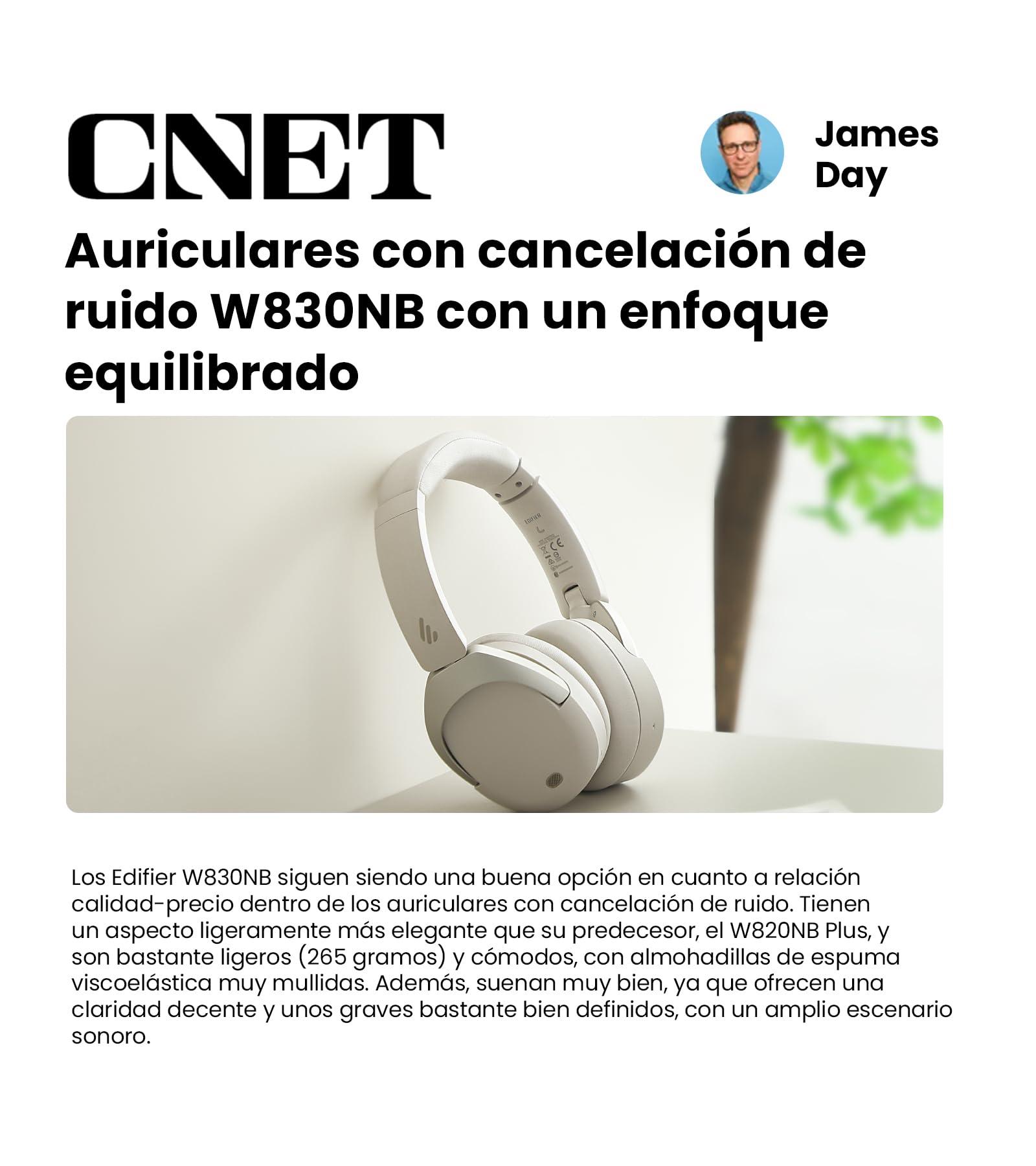 Edifier W830NB - Auriculares inalámbricos con -45 dB ANC, batería de 94 Horas, Sonido LDAC Hi-Res, Audio Espacial, Carga rápida, Bluetooth V5.4, Color Negro