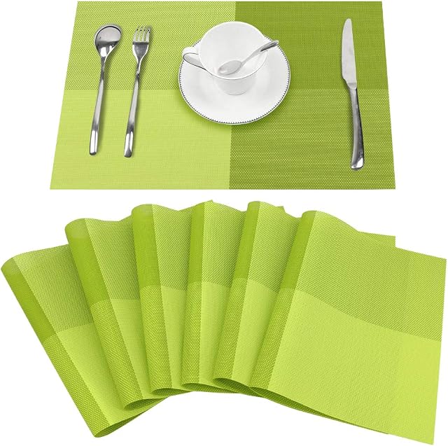 Time to Sparkle Set of 6 Vinyl Woven Placemats Place Mats Non slip Table Mats Waterproof Heat-resistant Dinning Table Mats Decor (PVC-Green)