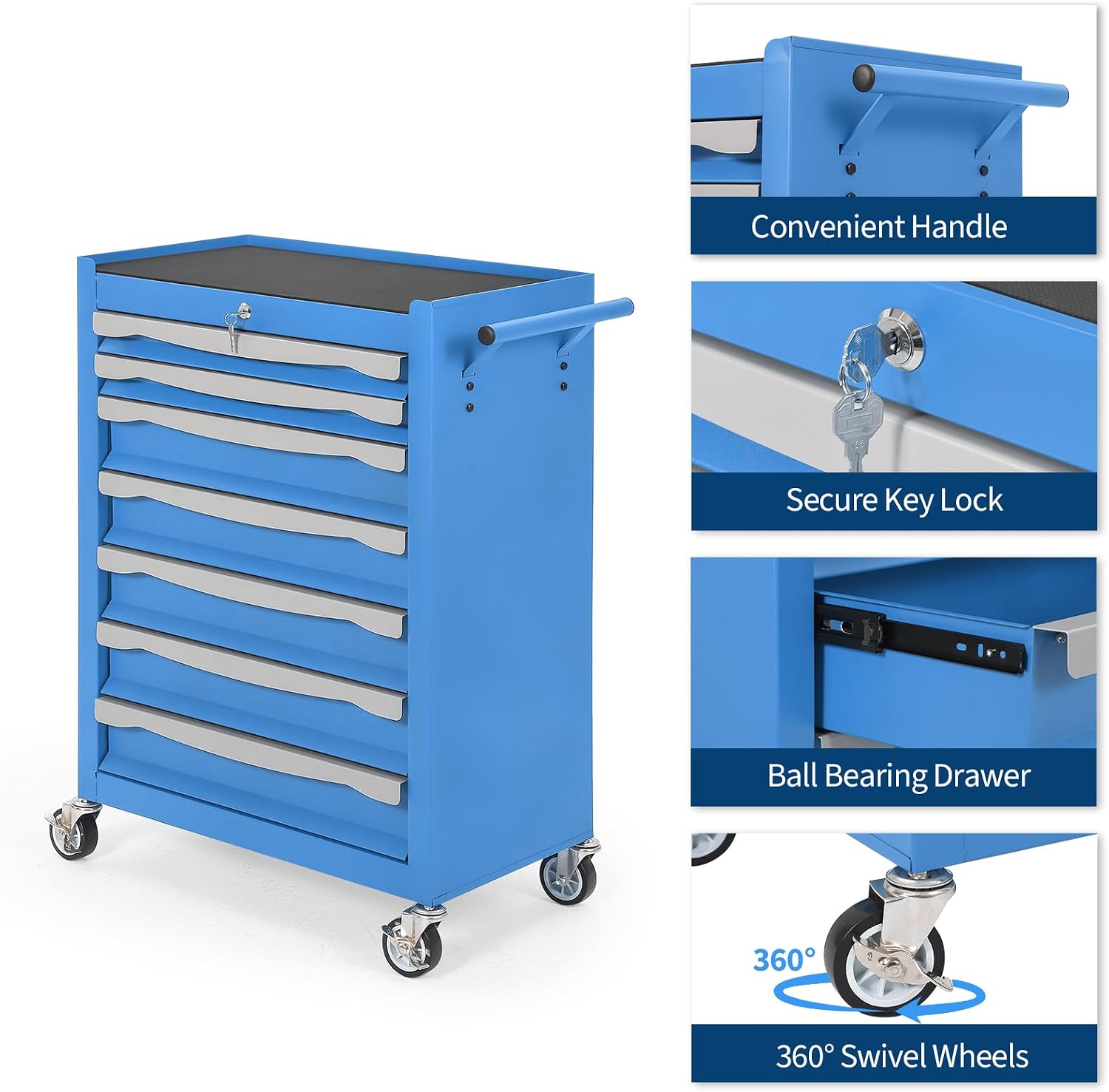 7-Drawer Tool Chest, Rolling Tool Cart, Large Capacity Tool Storage Cabinet with Keyed Locking and Drawer Liners, Link Buckle, and Can Be Combined to Large Cabinet Set, for Garage, Workshop, Warehouse