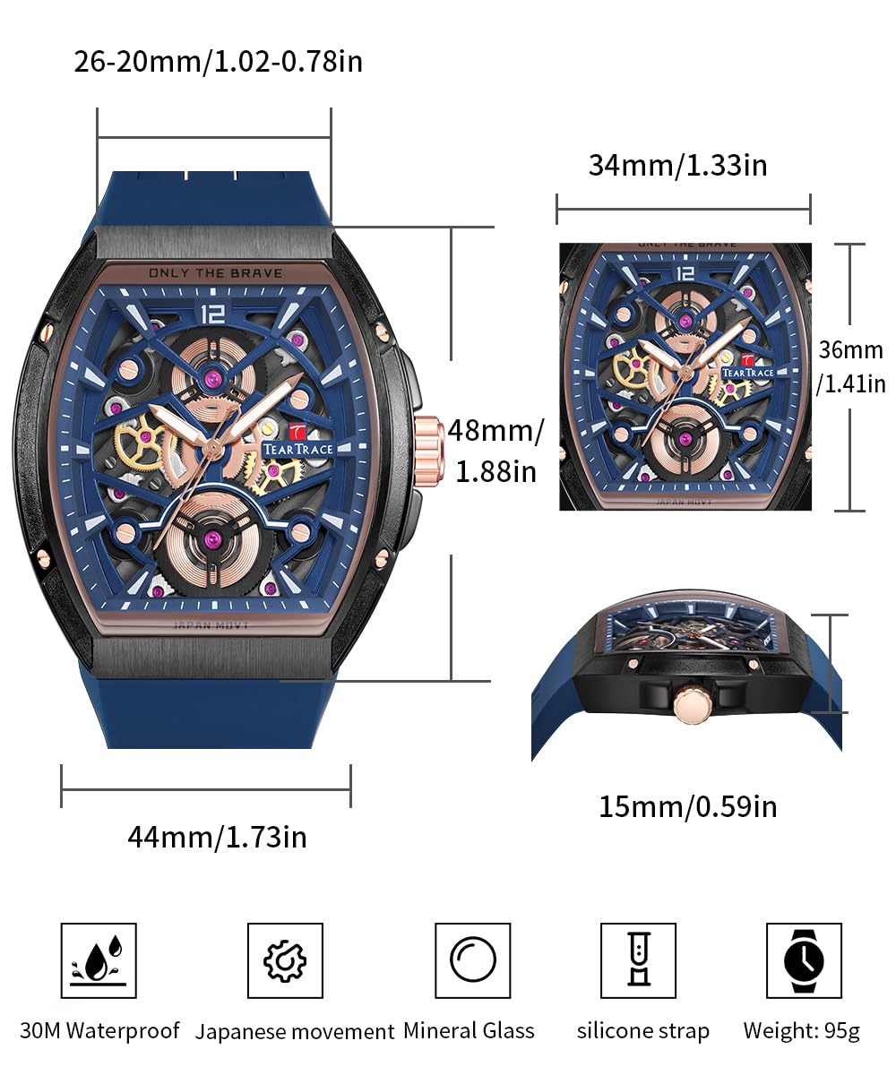 TEARTRACE Herrenuhren mit Silikonarmband Analog Tonneau Japanische Quarzuhren für Männer Wasserdicht Big Face Sport Arbeit Schwarz/Blau/Braun Armbanduhr, Blau