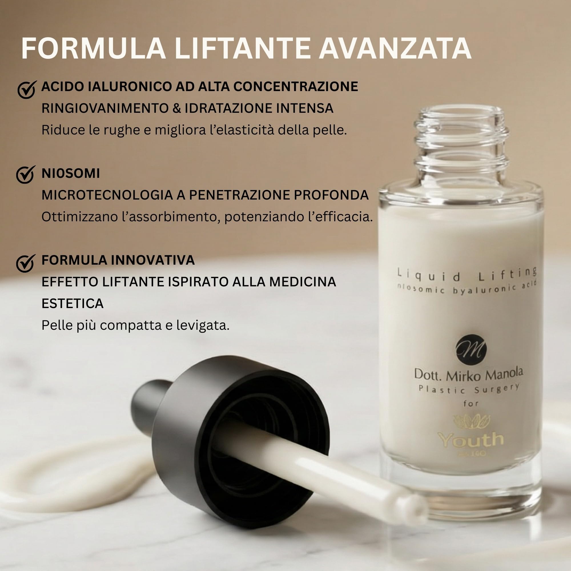 Crema Viso Antirughe Liftante 30 ml, Siero Viso Acido Ialuronico ad Alta Concentrazione, Uomo Donna, Trattamento Anti-Età con Niosomi, Crema Acido Ialuronico