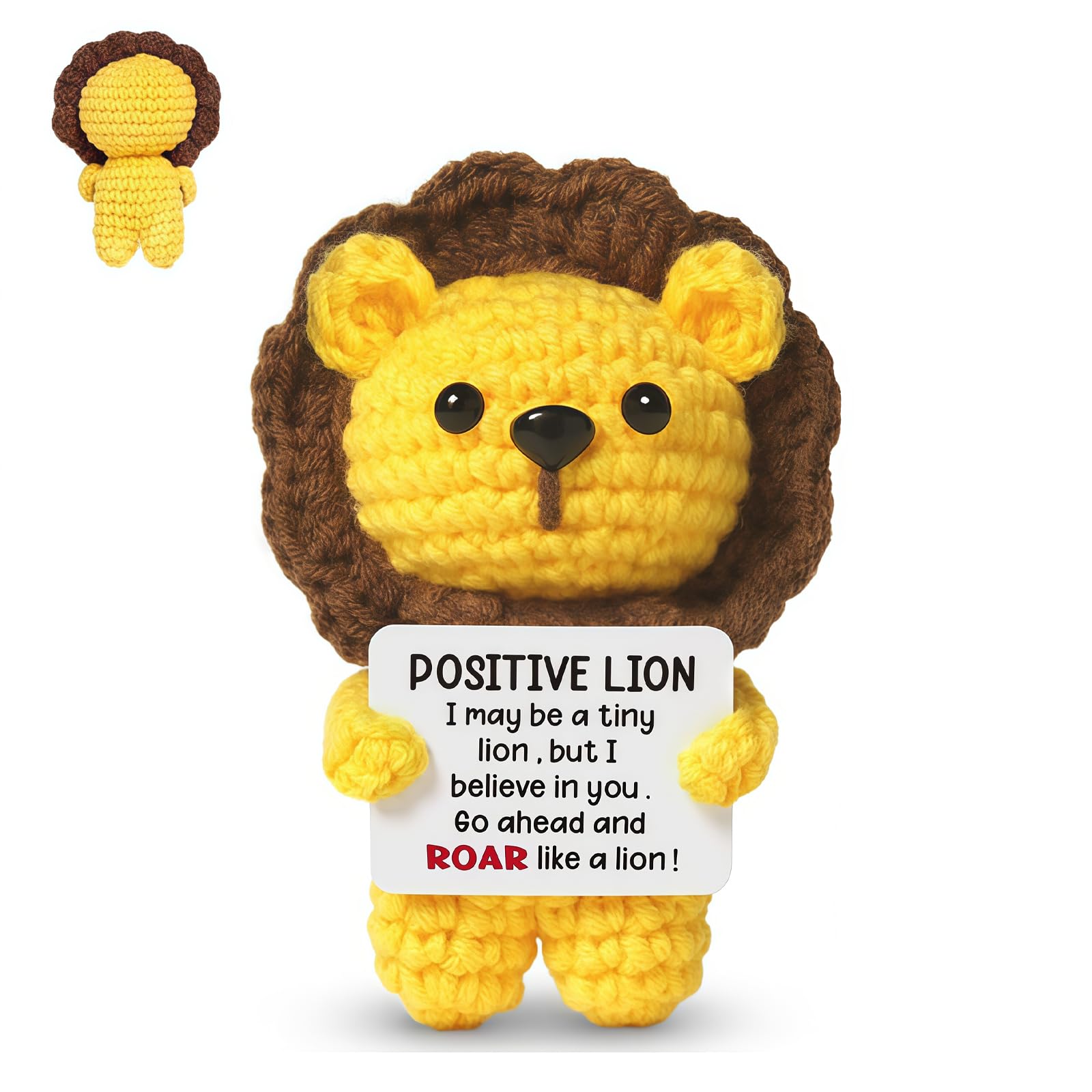 QIANSSE Mini Positive Crochet Lion Handmade, Emotional Support Animal Plush Inspirational Positive Gift for Women Men for Birthday and Holidays