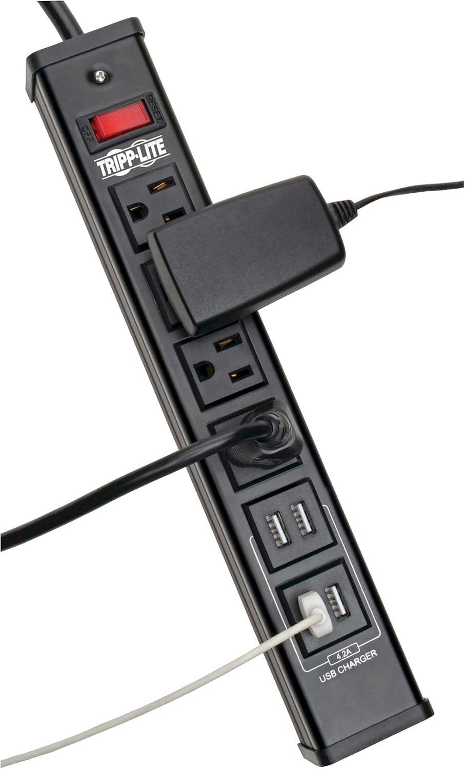 Tripp Lite 4 Outlet Surge Protector Power Strip, 6ft Cord, 450 Joules, 4 USB Charging Ports, Led, 10K Insurance (TLM446USBB), 14.25in. X 4.75in. X 2.00in Black