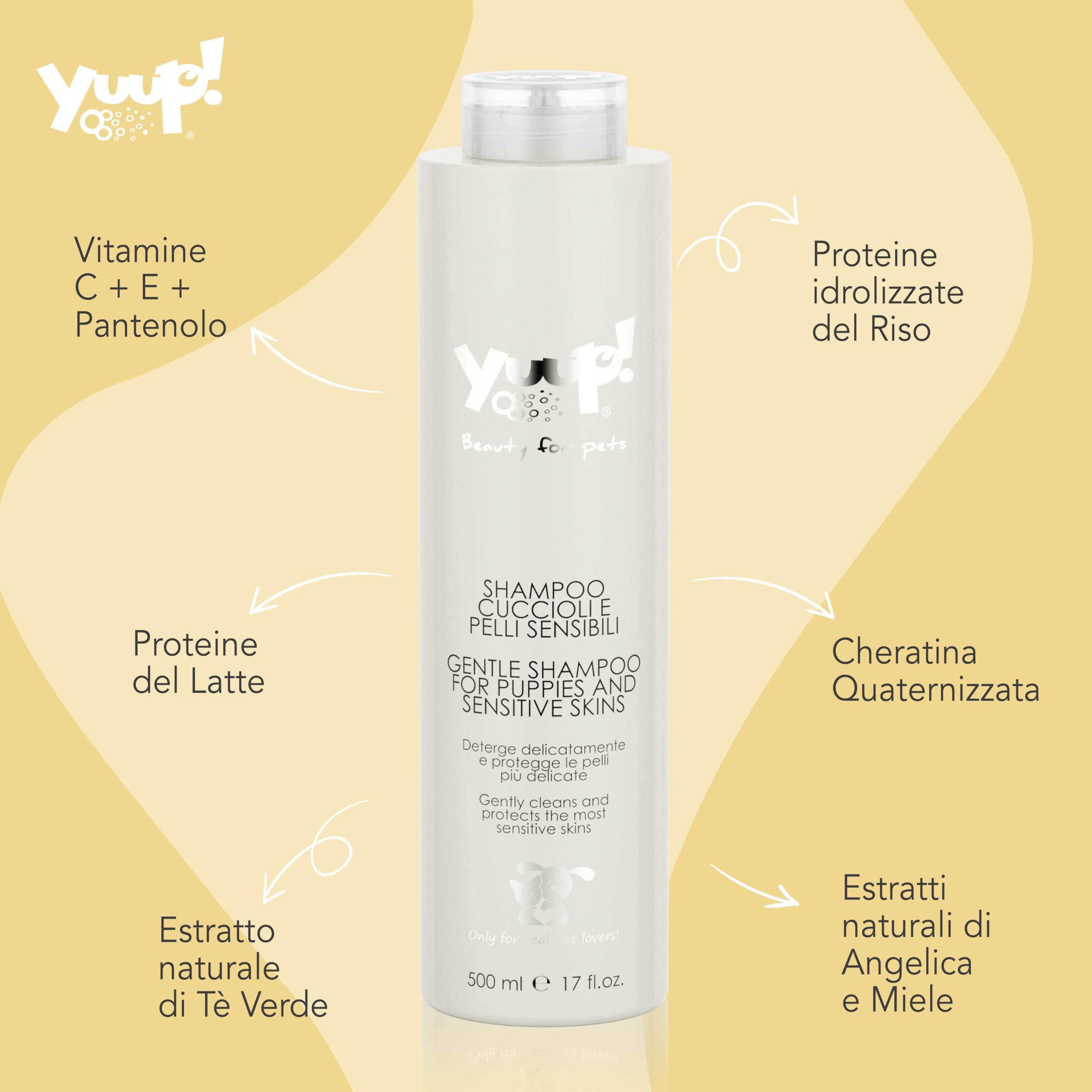 YUUP! - Shampoo per Cani e Gatti specifico per Cuccioli e Pelli Sensibili, 500 ml, nutre il pelo e ammorbidisce la cute