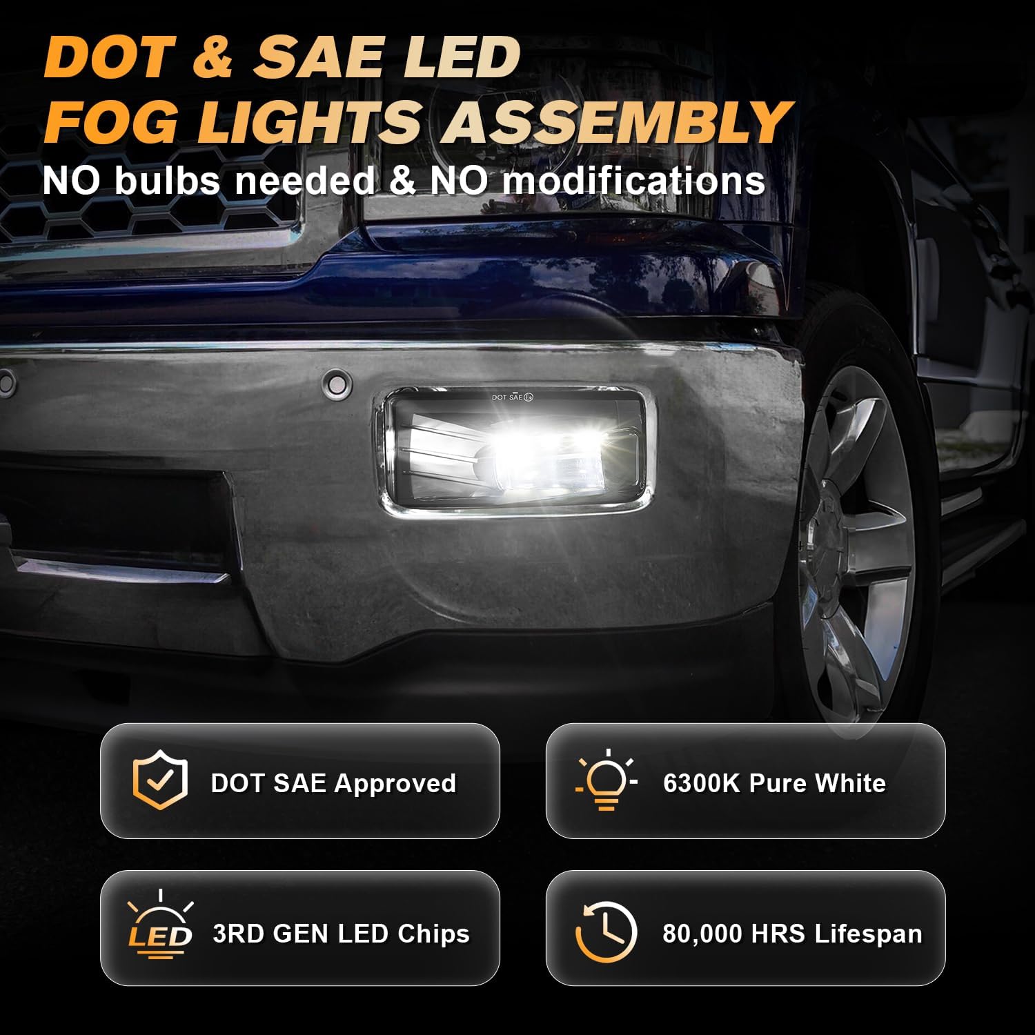 DOT LED Fog Lights 5202 Bulbs Bumper Fog Lamps Assembly for Chevy Silverado 2007-2015/Avalanche 2007-2013/Suburban 2007-2015/Tahoe 2007-2015/GMC Yukon Pick Up w/Off-Road