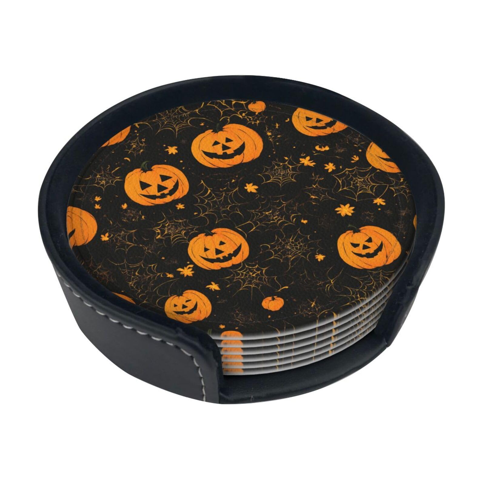 Halloween Pumpkin Print Round Coasters Set Of 6,Coaster For Tabletop Protection Home Bar Decor