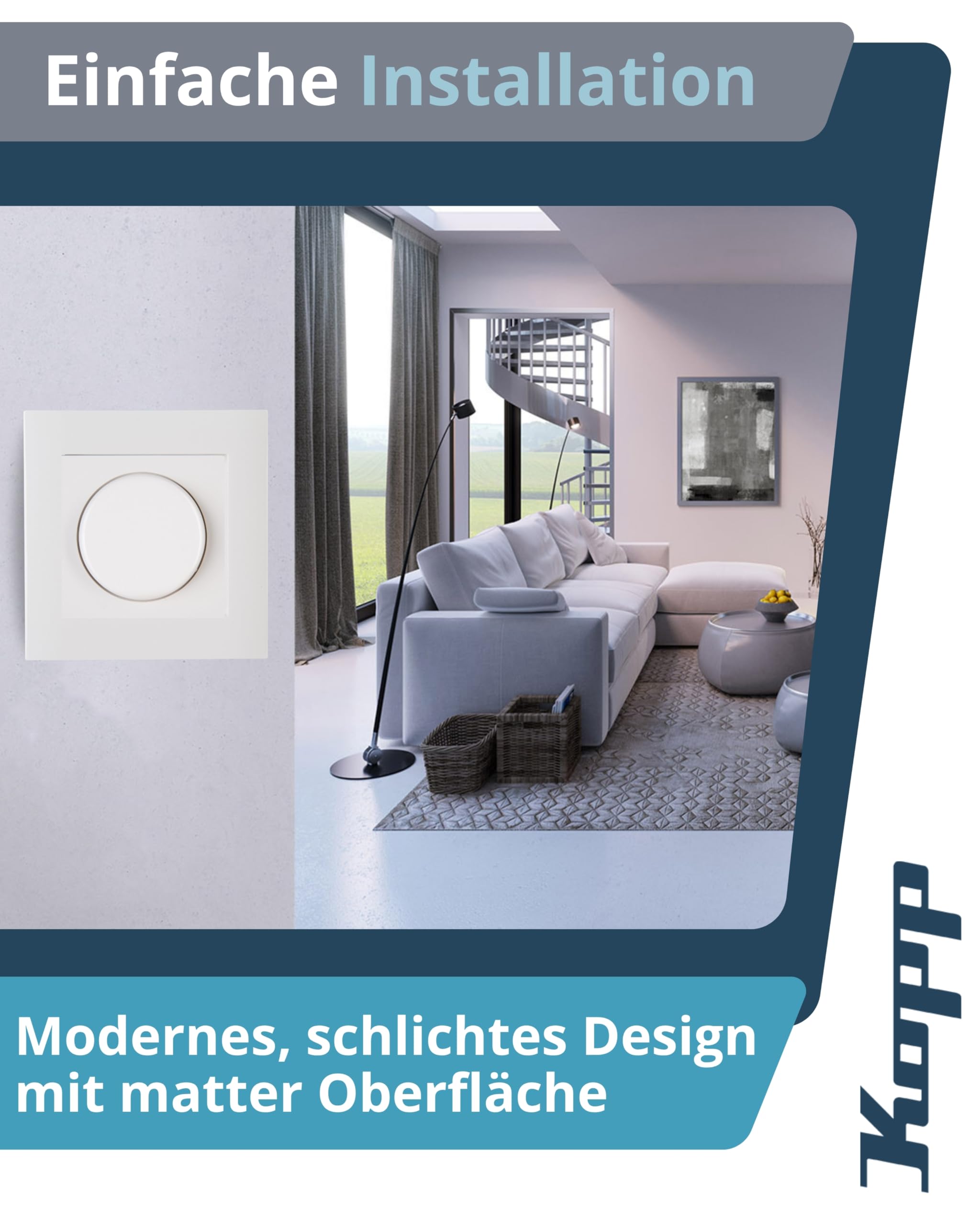 Kopp ATHENIS Universal-Dimmer-Schalter mit Drehknopf - Rein-Weiß - Für 10-250W Glühlampen & 3-100W LED - Dimmbarer Lichtschalter mit Phasenan- & abschnitt - Druck-Wechselschalter mit Wellenadapter
