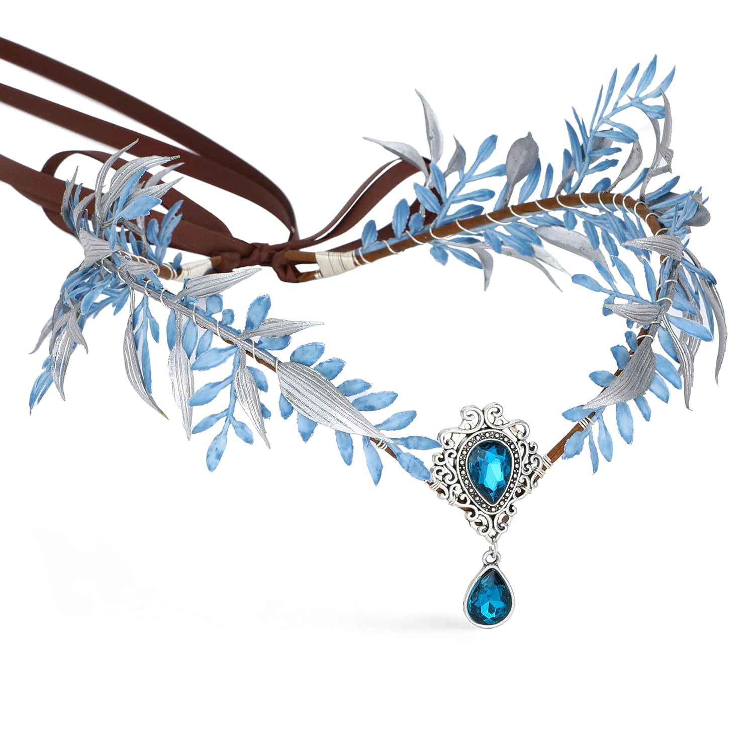 MOSTORY Blue Flower Fairy Crown - Woodland Elf Headpiece Floral Headband Forest Leaf Circlet for Women Renaissance Renfaire Halloween Cosplay Fantasy Photo Shoot