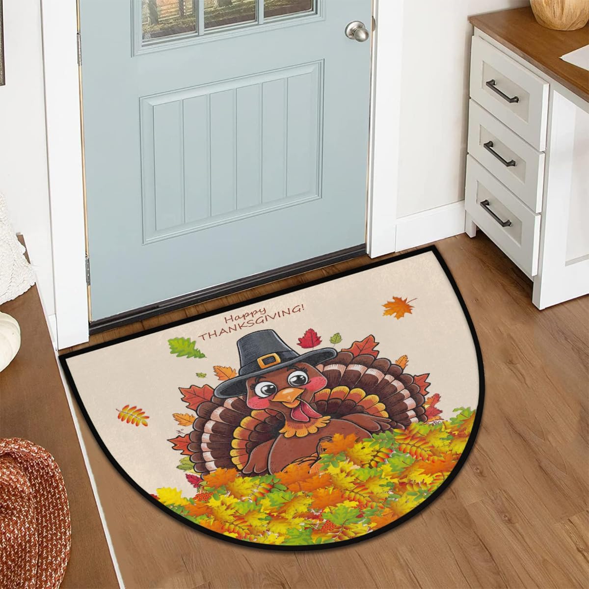 Half Round Door Mat Leaves Turkey Thanksgiving Non-Slip Soft Semi Circle Rug Washable Half Moon Welcome Entrance Doormat for Outdoor Indoor Floor Bedroom Bathroom Home Kitchen Festival Decor Gift