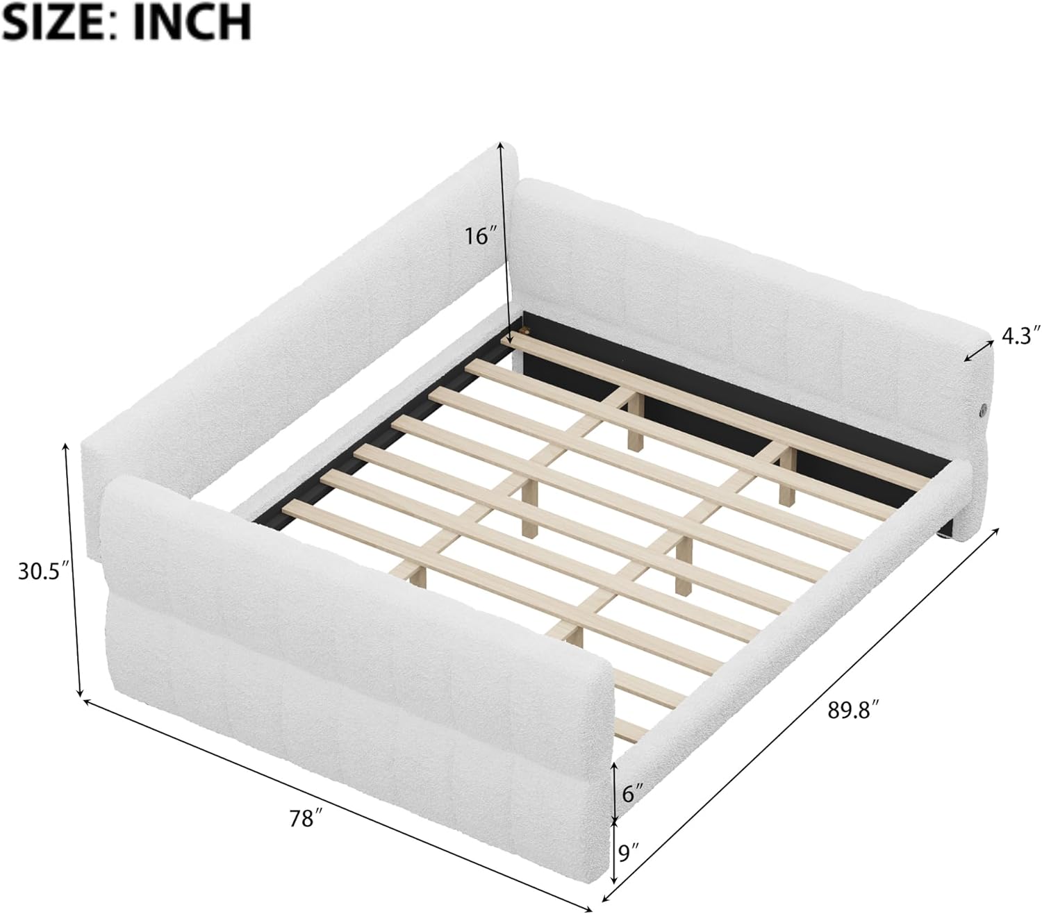 King Size Daybed with USB-Ports, Upholstered Lambswool Sofa Couch Day Bed, Space Saving for Living Room, No Box Spring Needed, Kids Girls Adults, White