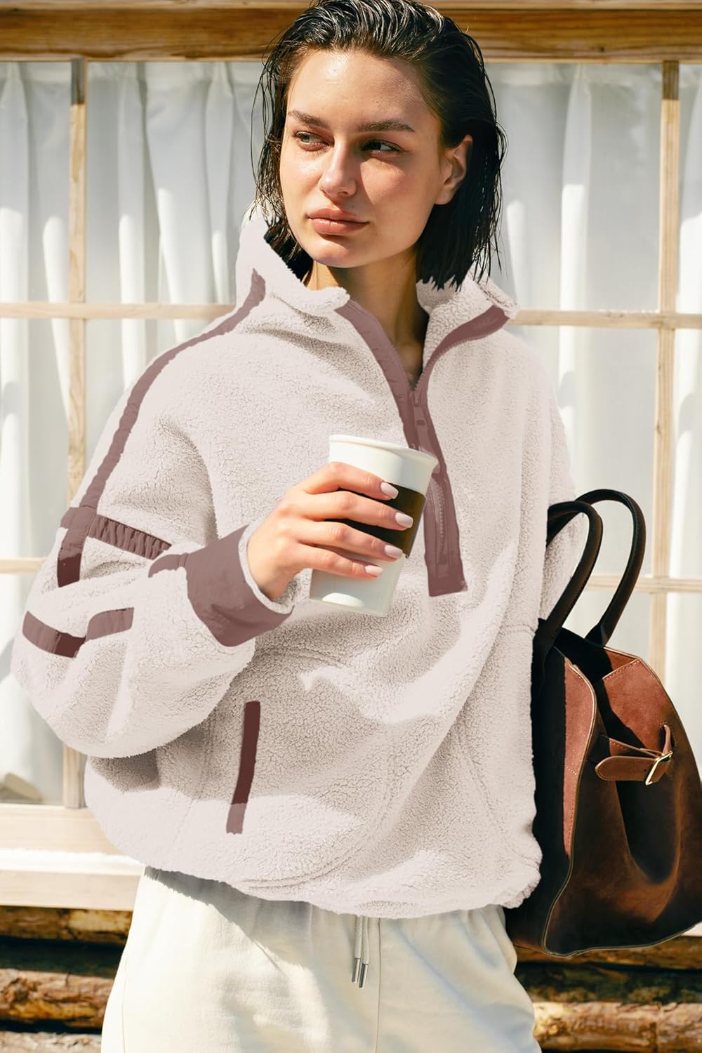 Panadila Womens Half Zip Sherpa Fleece Pullover Soft Oversized Sweatshirt with Pockets Warm Fuzzy Sweater - Image 4