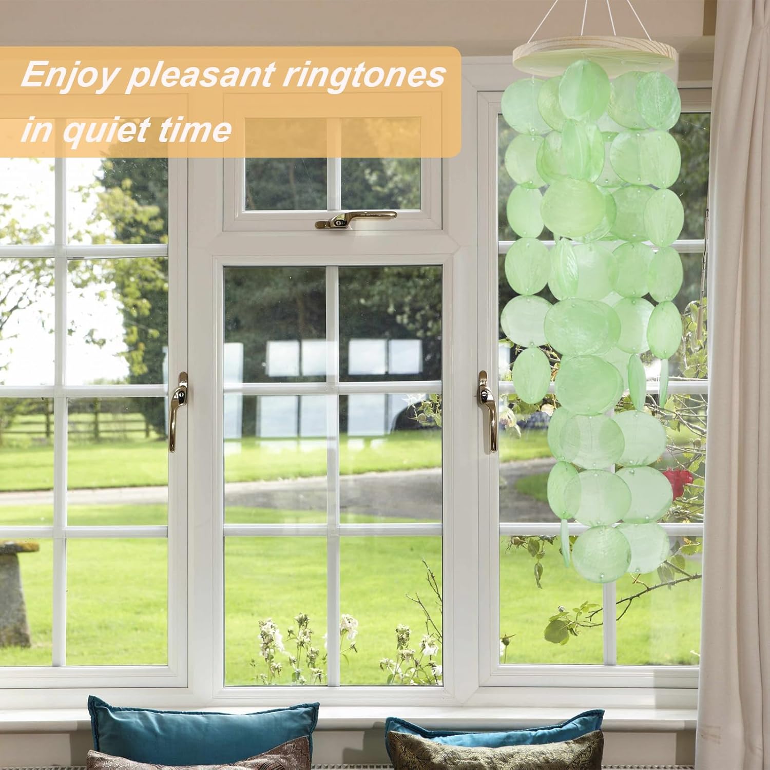 Wind Chimes for Outside, Handcrafted Green Capiz Shells Windchime Coastal Style Decor for Indoor/Outdoors, Garden Decor, Great for Women, Wind Chimes Lovers and More