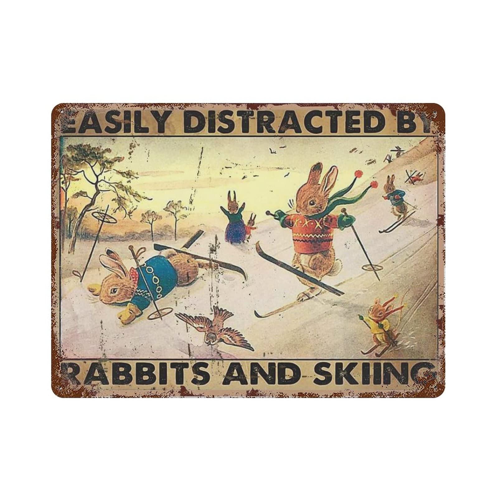 AOOEDM Easily Distracted by Rabbits And Skiing Vintage Metal Sign Tin Sign for Home Bar Pub Kitchen Man Cave Tin Sign Wall Decor Poster Wall Plaque