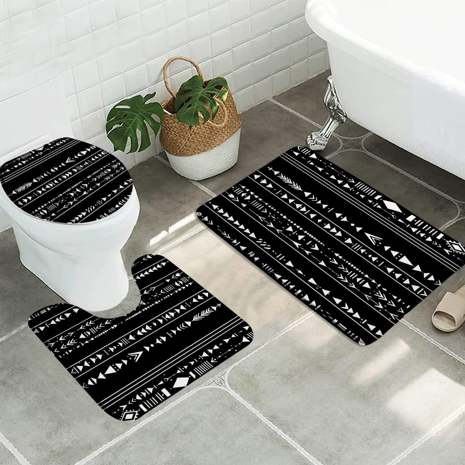 3pcs Arrow Boho Bathroom Sets with Non-Slip Rug,Toilet Lid Cover and Bath Mat,Abstract Black and White Minimalist Triangle Geometric Southwestern Aztecs Modern Bathroom Carpet Bath Mat Toilet Rugs