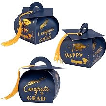 Voeveca 50 Pcs Graduation Cap Gift Box Graduation Party Favors Candy Boxes Treat Box with Tassel Table Centerpieces Class of 2025 Grad Decorations Blue Gold