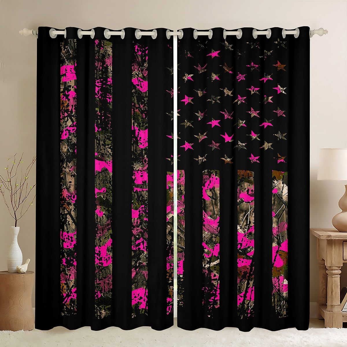 Feelyou Hot Pink Camouflage Room Darkening Blackout Curtain (2 Panels, 42 x 63 Inch) Camo Wild Curtains for Bedroom Living Room Women Men Wild Hunting Blackout Curtains Military Style
