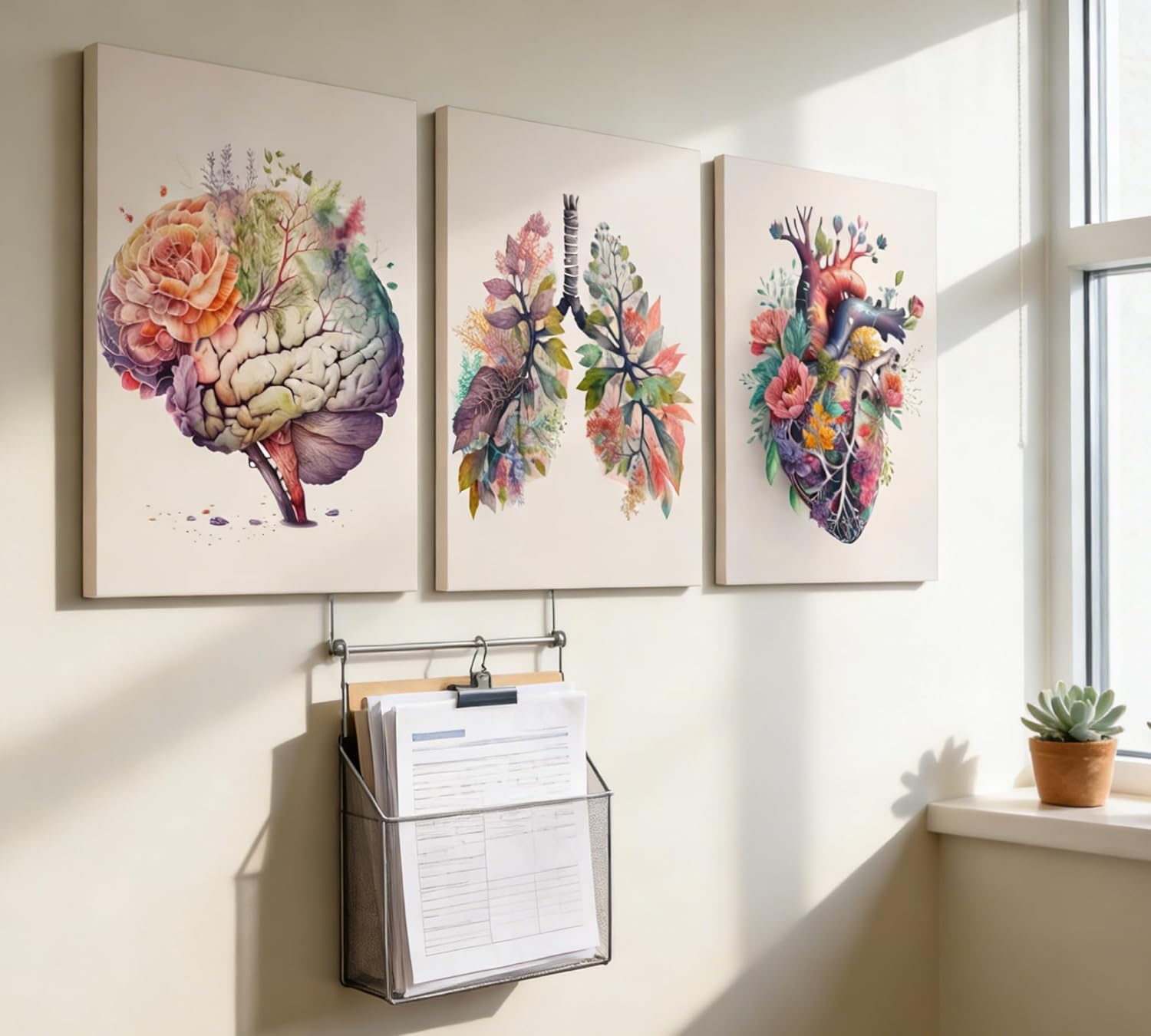 3 Pcs Floral Anatomy Canvas Wall Art - Watercolor Brain Lungs Heart with Flowers Prints, Abstract Medical Botanical Wall Decor for Doctor Office Hospital, Modern Framed Artwork Set Ready to Hang