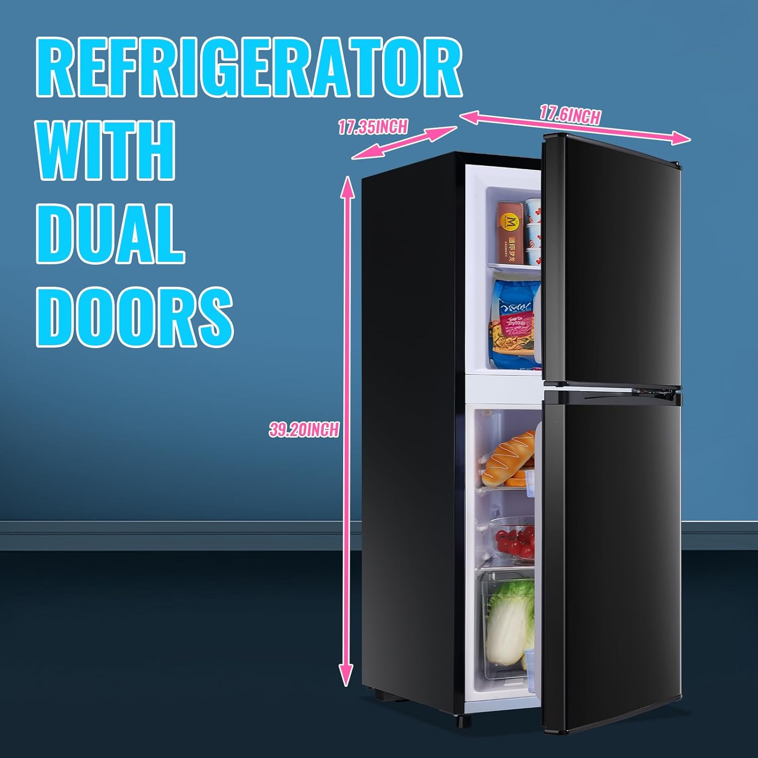 DEMULLER Fridge with Freezer Two Doors Refrigerator with 7 Setting Adjustable Thermostat Crisper Drawer & Removable Shelves Low Noise Freezer-on-Top Refrigerator LED Light, 3.88Cu.ft, Black