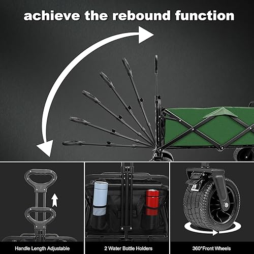 Miniatura 6 de SZHLUX Carro plegable plegable, vagón de playa con ruedas grandes para arena, carrito de comestibles utilitario con bolsillo lateral y frenos para