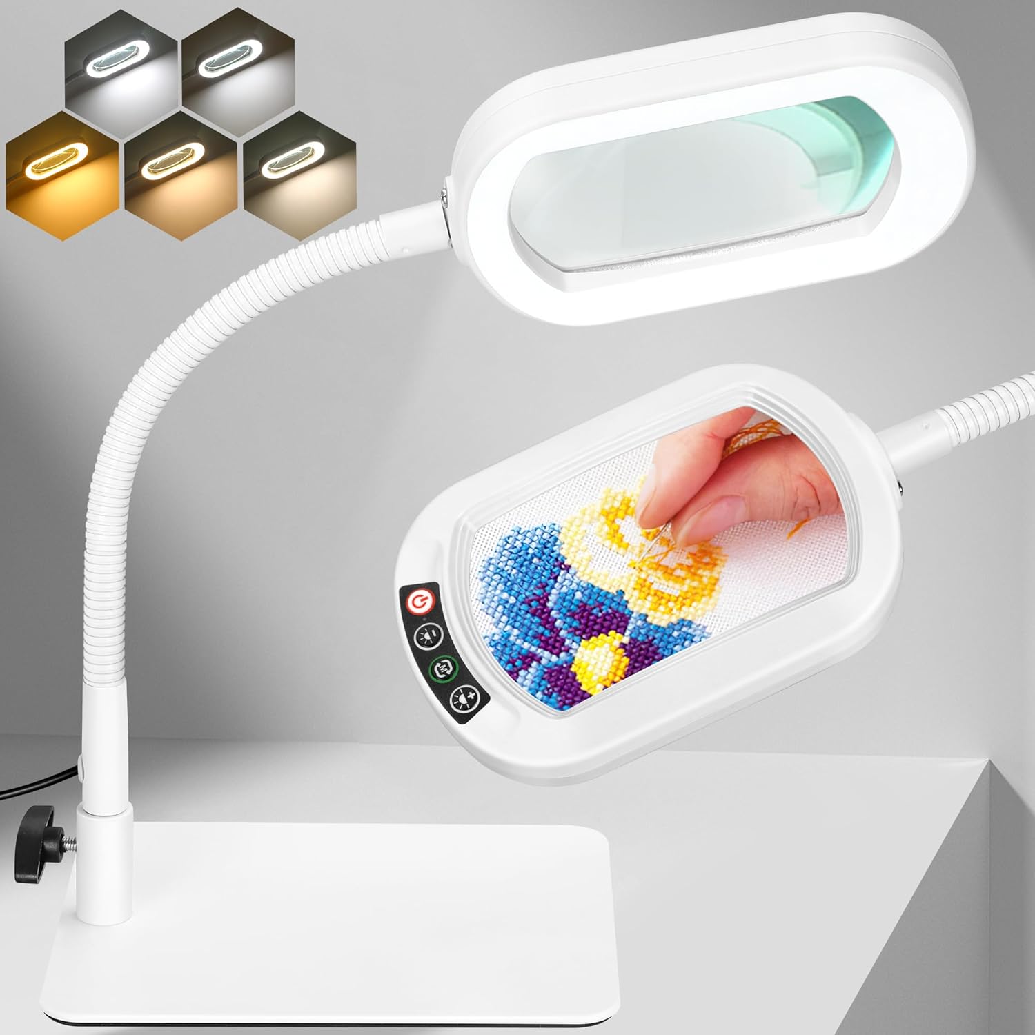 10X Magnifying Glass with Light and Stand Magnifier with Light Hands Free Lighted Magnifying Desk Lamp Dimmable for Close Work Craft Read Cross Stitch Sewing Repair Hobby Rectangular White